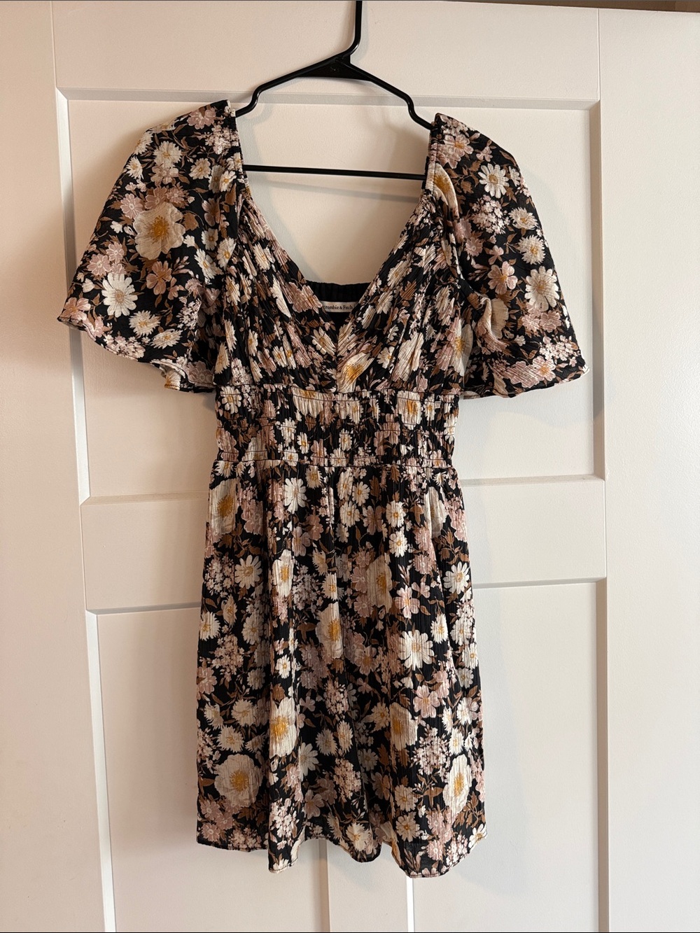 Abercrombie & Fitch Black Floral Smocked Mini Dress with Cream and Yellow Blooms